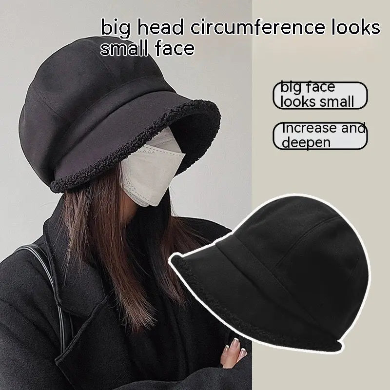 Beret Women's Autumn And Winter Big Head Circumference Fleece-lined Warm Pile Heap Cap Bucket Hat CJ