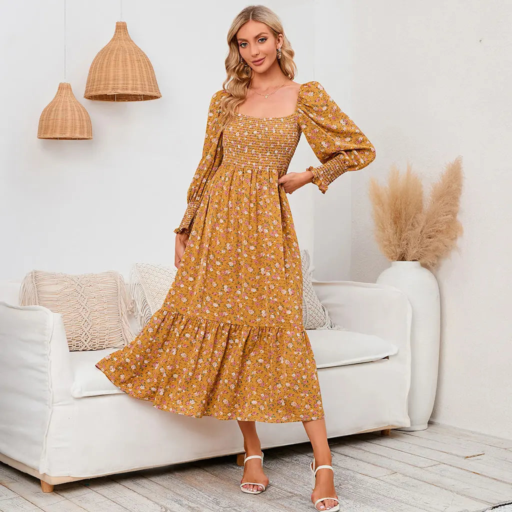 Chiffon European And American Square Collar Horn Printing Comfortable Floral Skirt CJ
