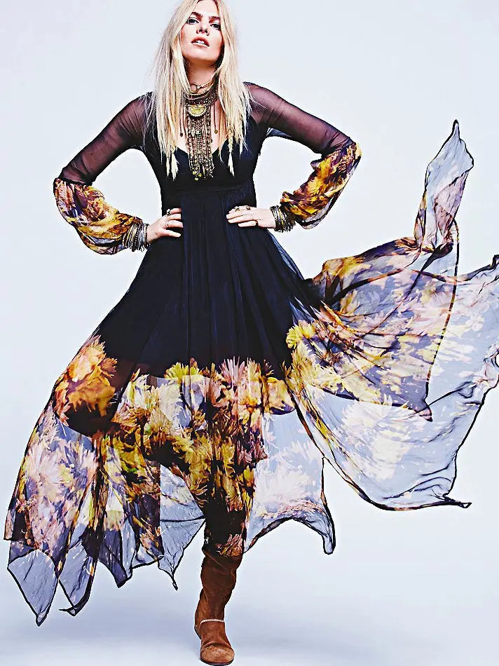 European And American Low V-neck Pleated Chiffon Dress Irregular Hem CJ
