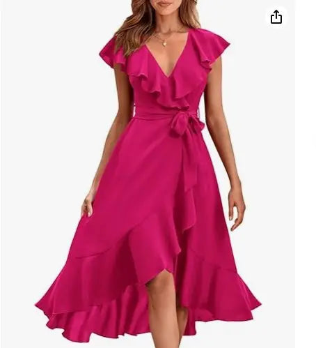 Women's V-neck Short Sleeve Ruffles Long Tie Dress CJ