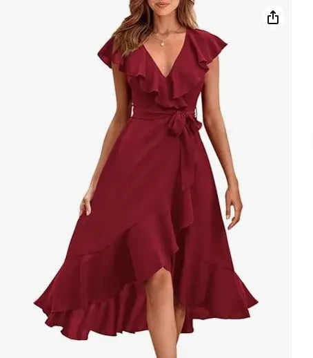 Women's V-neck Short Sleeve Ruffles Long Tie Dress CJ