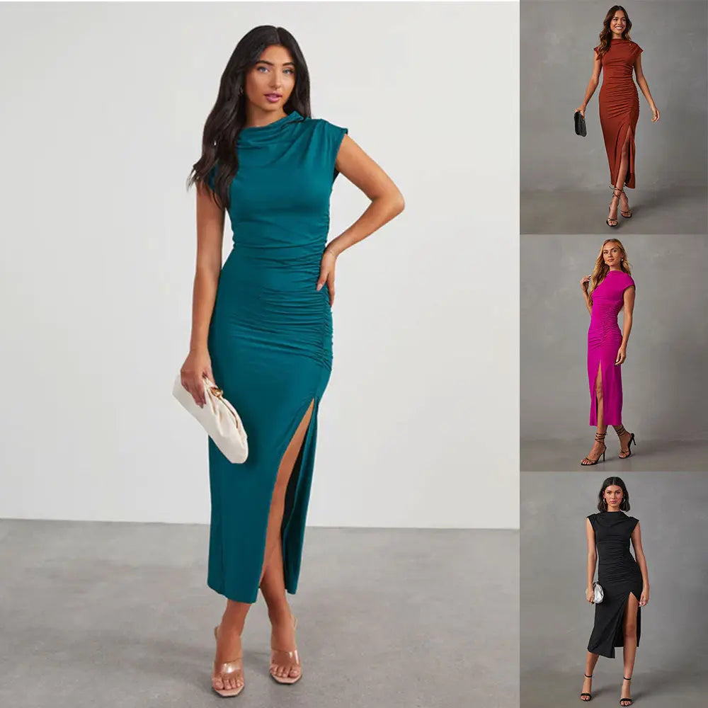 European And American Solid Color Slim-fit Sheath Dress Temperament Split CJ
