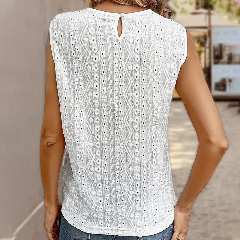 Women's Lace Stitching Solid Color Vest Women's See-through Round Neck Top CJ