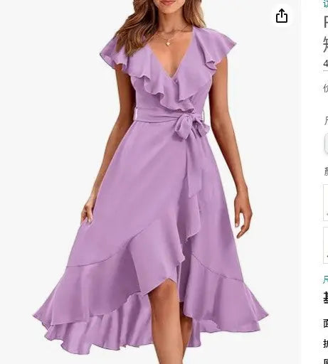 Women's V-neck Short Sleeve Ruffles Long Tie Dress CJ