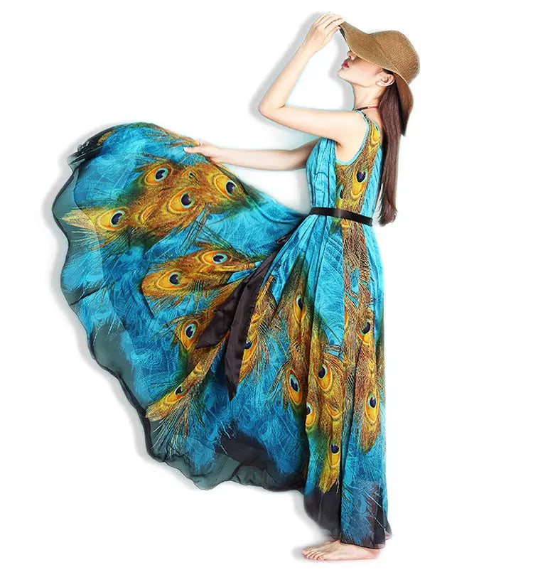 Women's Bohemian Feather Printed Chiffon Dress CJ