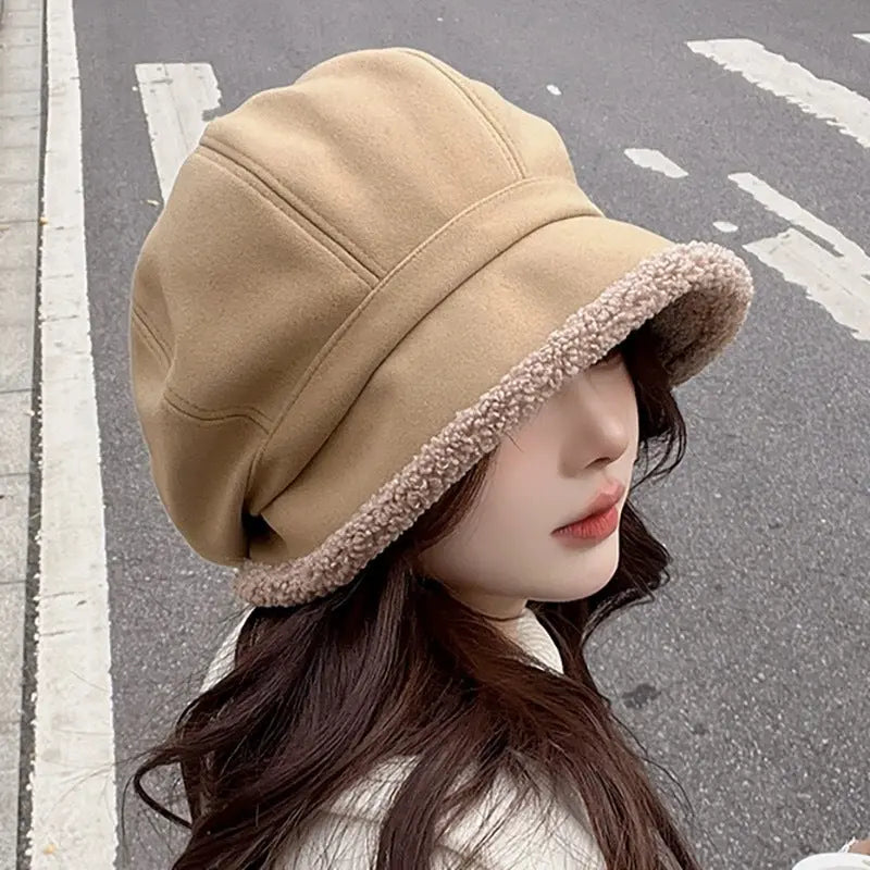 Beret Women's Autumn And Winter Big Head Circumference Fleece-lined Warm Pile Heap Cap Bucket Hat CJ