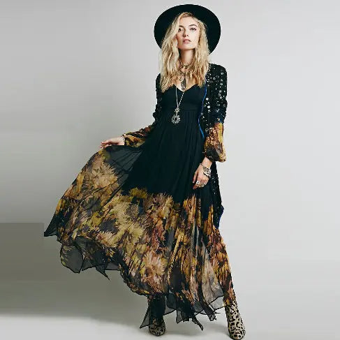 European And American Low V-neck Pleated Chiffon Dress Irregular Hem CJ