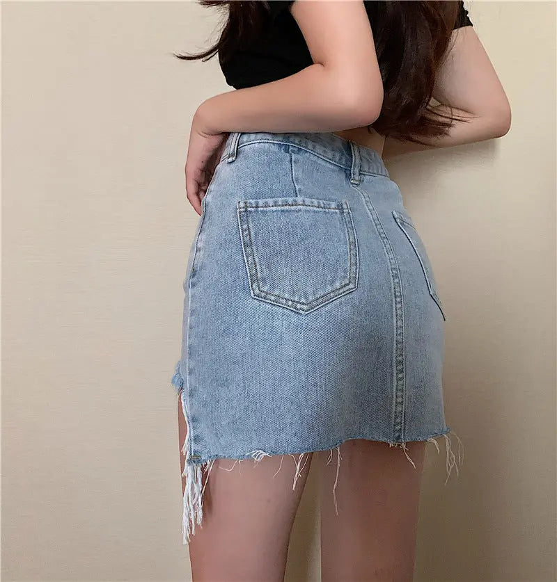 Denim Skirt Women Retro Irregular High Waist CJ