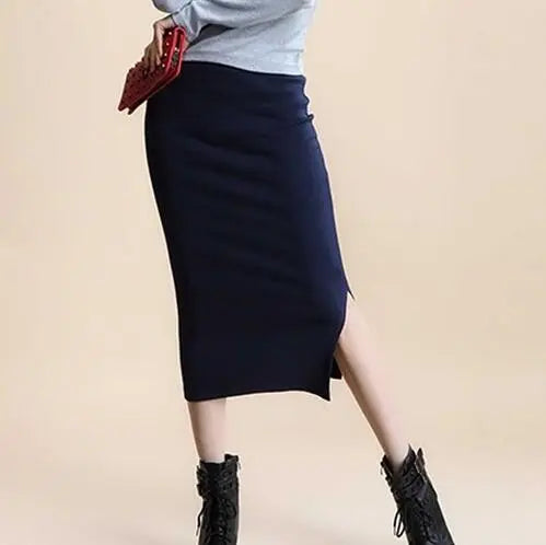 Mid-waist Rib Knitted Sheath Split Skirt CJ
