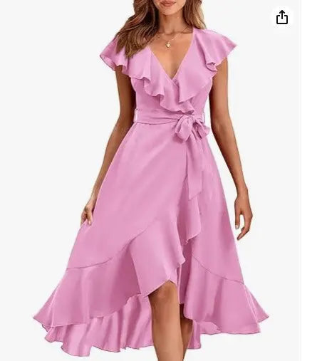 Women's V-neck Short Sleeve Ruffles Long Tie Dress CJ