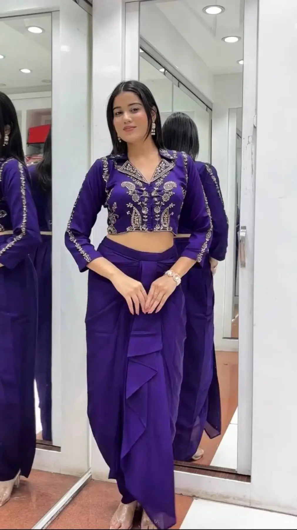 Elegant Two Piece Western Dhoti Set in Soft Chinon Silk Perfect for Celebration Wear RE