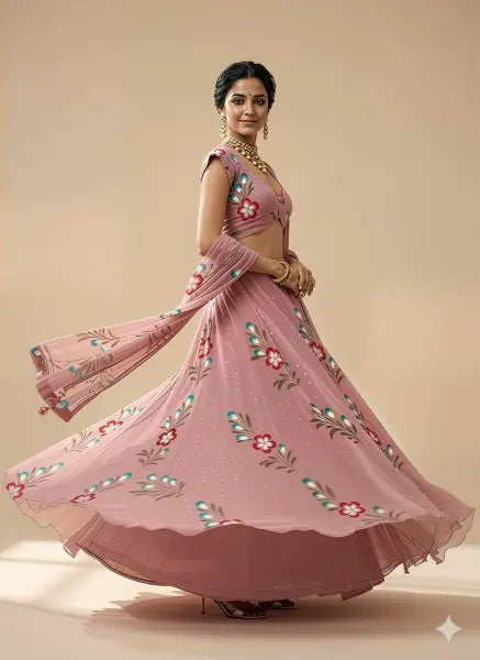 Modern Hand Painted Georgette Lehenga with Embellished Blouse for Wedding Guest Wear Attractive Sister
