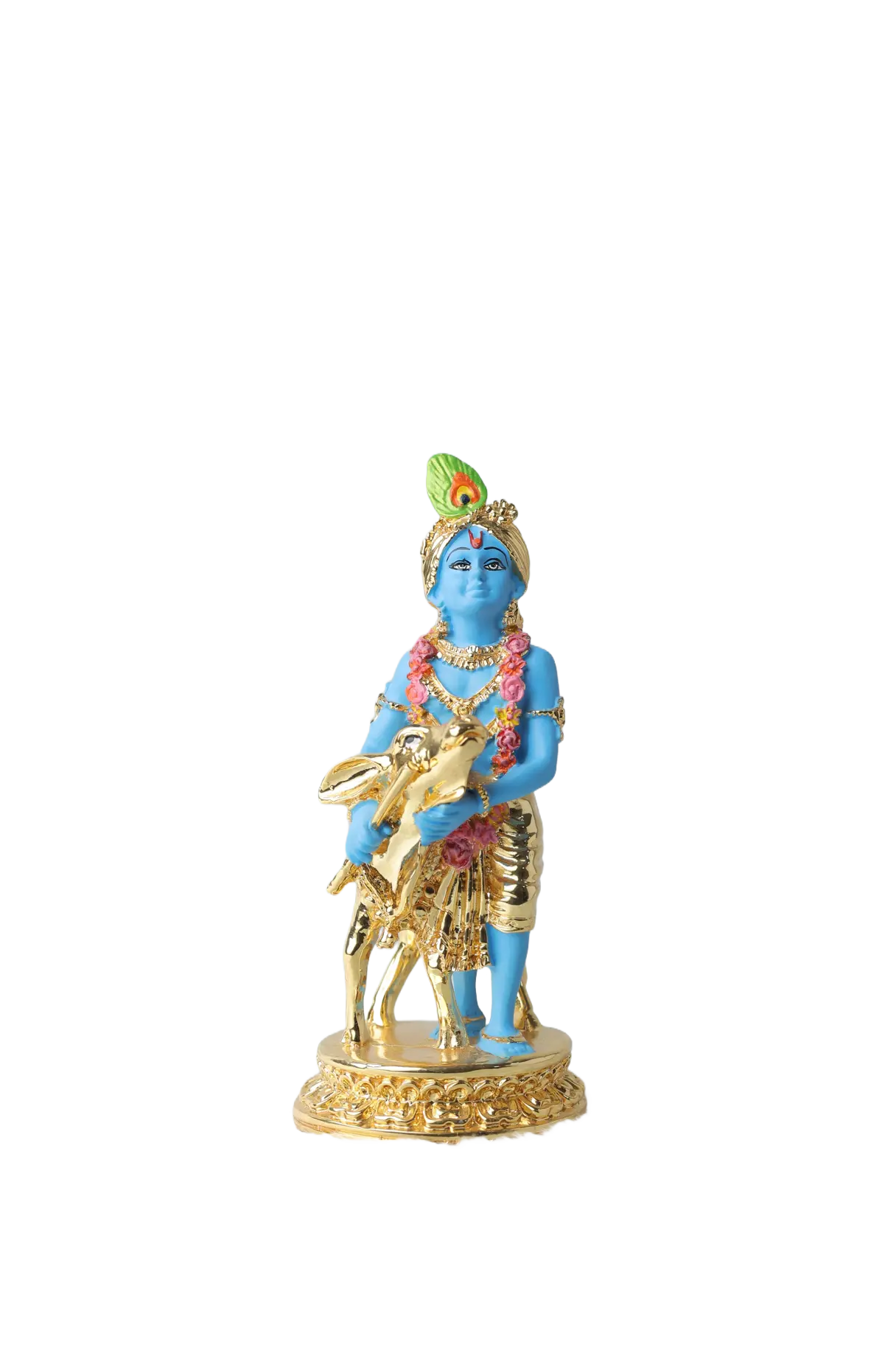 Gold Plated Krishna with Calf Statue - Blue Color, 6.5 x 2.75 Inches, Decorative Figurine Attractive Sister