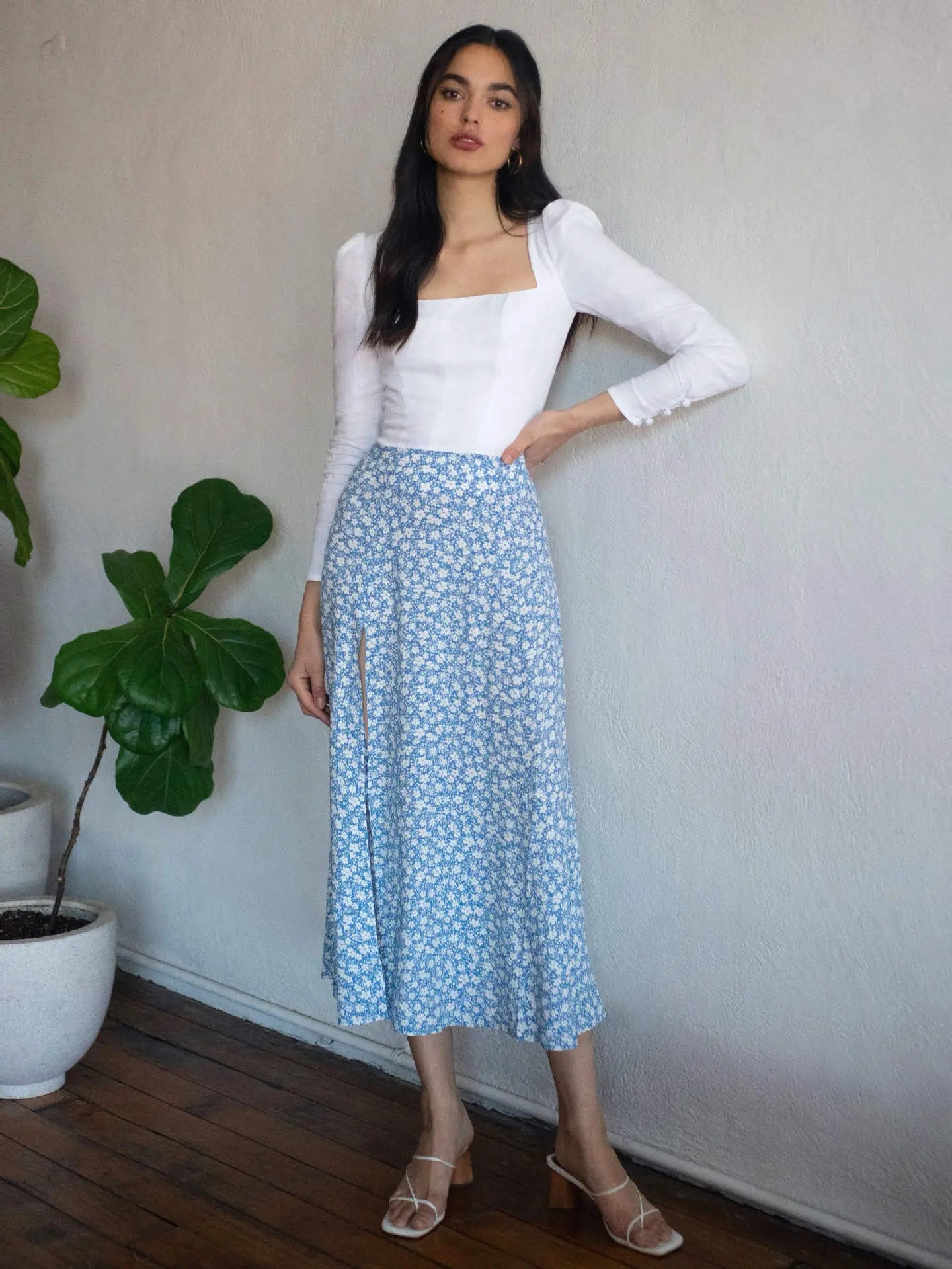 Flower Print High Waist Stretch Split Long A-Line Polka Dot Skirt Women eprolo