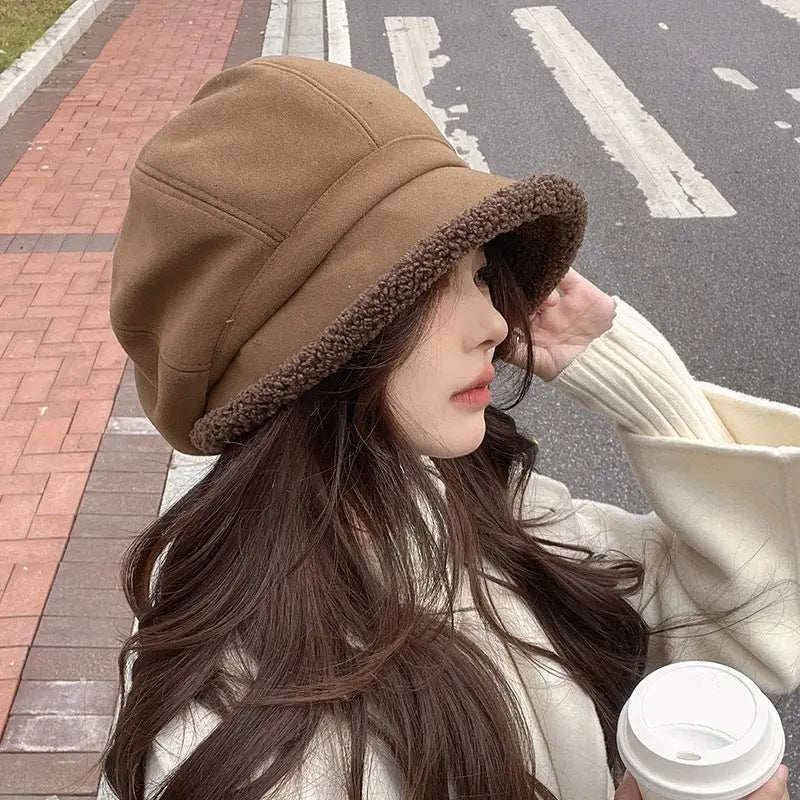 Beret Women's Autumn And Winter Big Head Circumference Fleece-lined Warm Pile Heap Cap Bucket Hat CJ