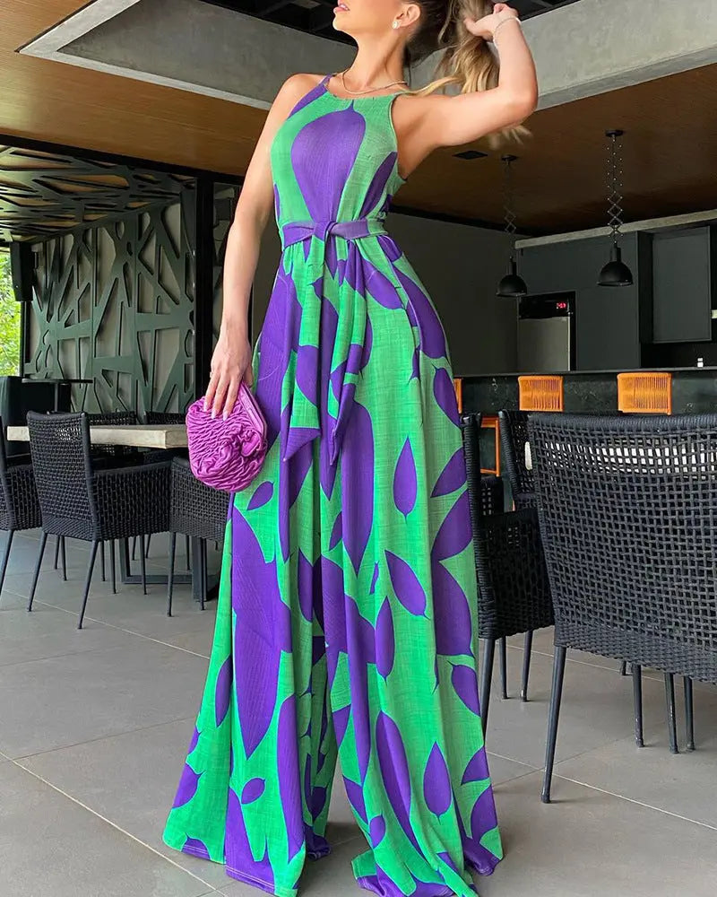 Green Printing Casual Lace Up Jumpsuit CJ