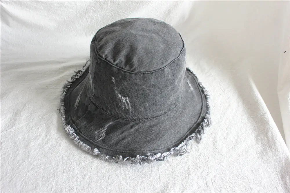 Summer Sunshade Raw Edge Denim Bucket Hat Women CJ