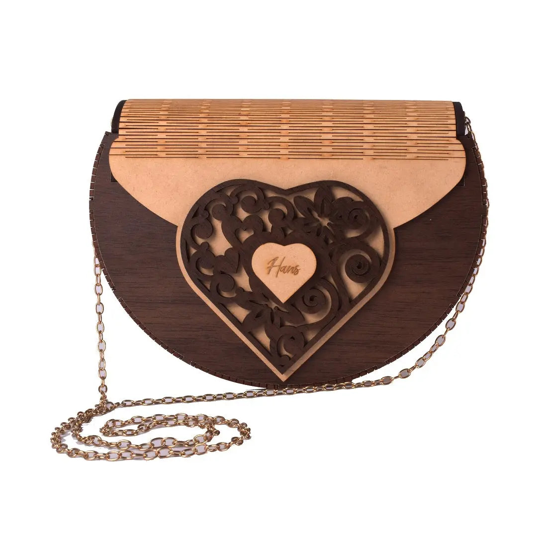 Handcrafted Wooden Heart Engraved Handbag with Gold Chain Strap - Stylish Eco-Friendly Crossbody Bag for Perfect Rakhi Festival Gift for sister Attractive Sister