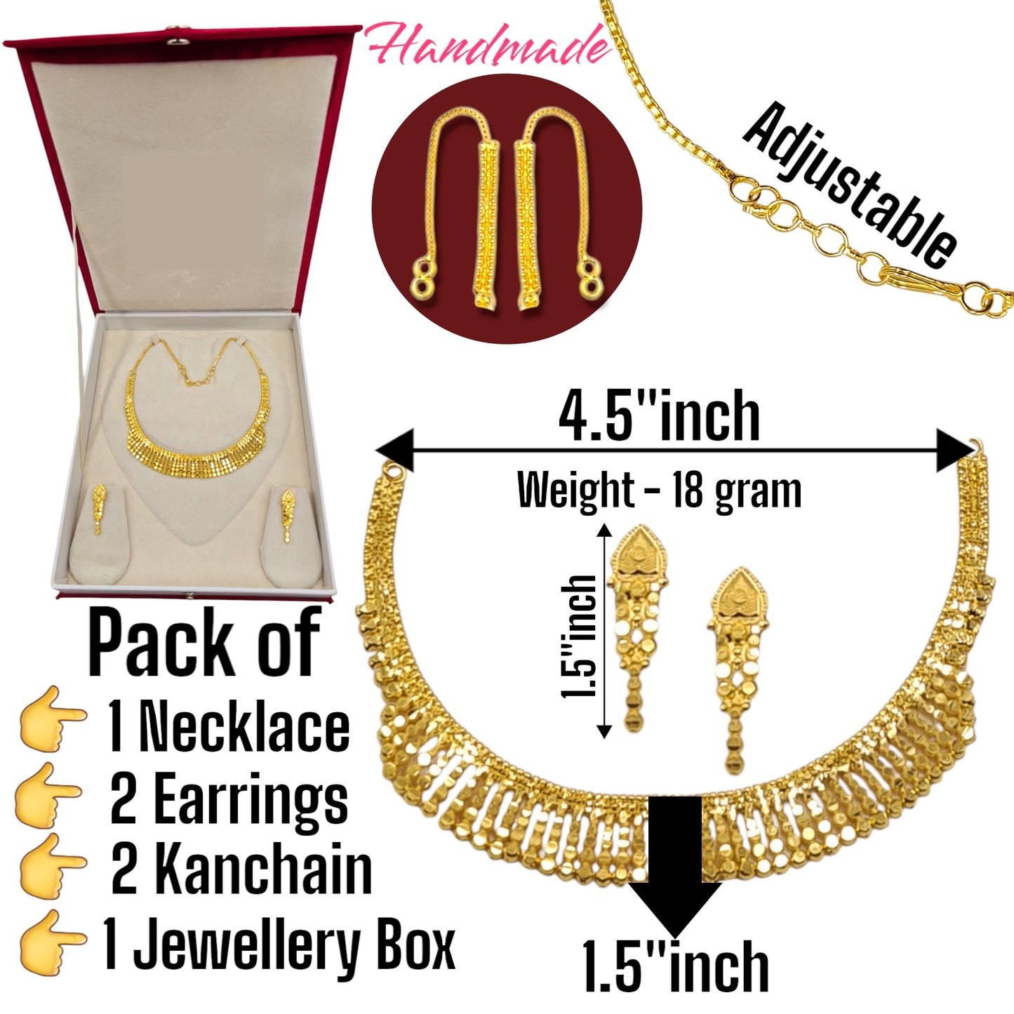 Handmade Gold Plated Choker Necklace Set | Adjustable Bridal Jewelry with Earrings and Kanchain | Lightweight Indian Jewelry with Gift Box - Attractive Sister