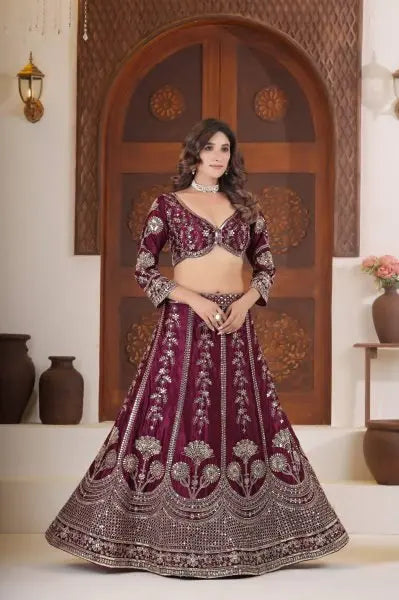 Lovely Wine Sequins Chinon Bridesmaid Lehenga Choli With Dupatta RE
