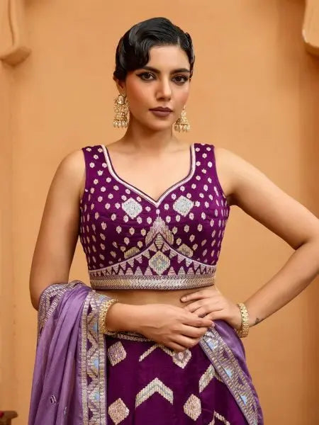 Silk Lehenga Choli with Thread and Stone Embroidery Work for Bridal Reception ( SEMISTITCH LEHENGA) RE