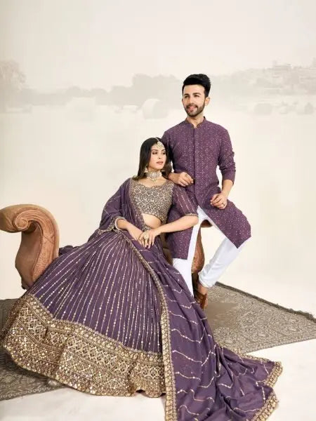 Mauve Soft Georgette Embroidered Wedding Wear Couple Wear Set RE