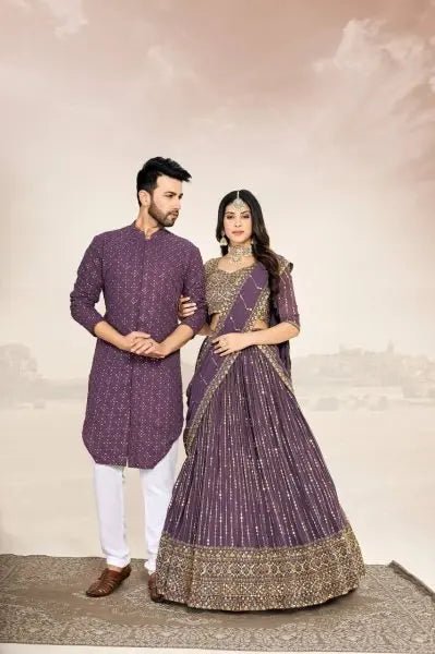 Mauve Soft Georgette Embroidered Wedding Wear Couple Wear Set RE