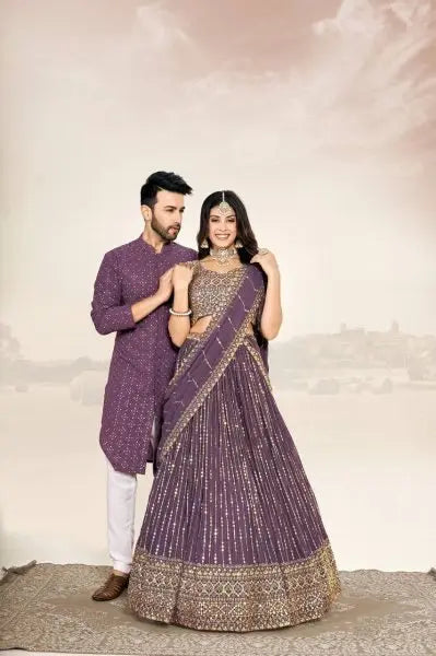 Mauve Soft Georgette Embroidered Wedding Wear Couple Wear Set RE