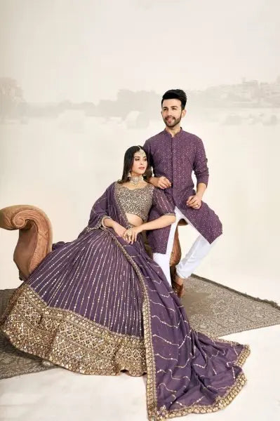 Mauve Soft Georgette Embroidered Wedding Wear Couple Wear Set RE
