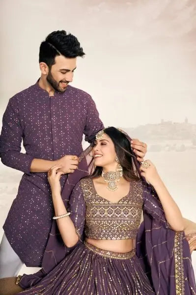 Mauve Soft Georgette Embroidered Wedding Wear Couple Wear Set RE