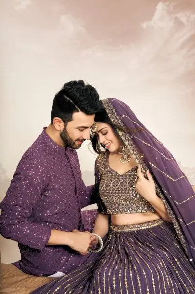 Mauve Soft Georgette Embroidered Wedding Wear Couple Wear Set RE