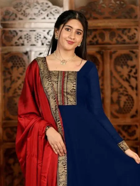 Vichitra Silk Embroidered Kurti Set with Jacquard Lace Dupatta for Weddings/Silk Long Sleeve Kurti /At Low Price/Festive Wear/ RE
