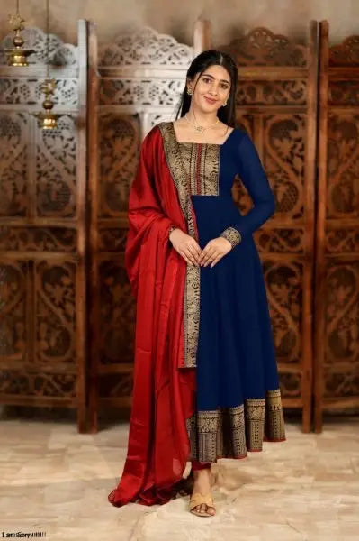 Vichitra Silk Embroidered Kurti Set with Jacquard Lace Dupatta for Weddings/Silk Long Sleeve Kurti /At Low Price/Festive Wear/ RE