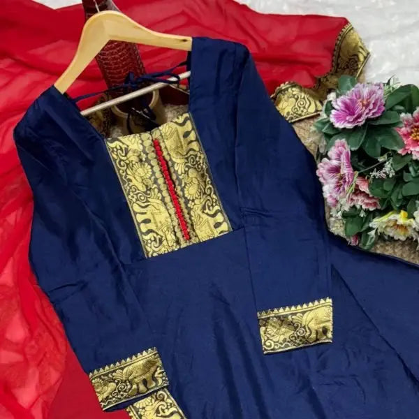 Vichitra Silk Embroidered Kurti Set with Jacquard Lace Dupatta for Weddings/Silk Long Sleeve Kurti /At Low Price/Festive Wear/ RE