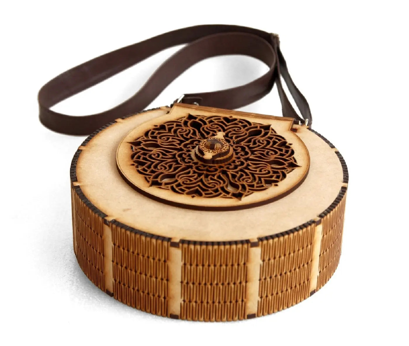 "Exquisite Handcrafted Circular Wooden Handbag with Intricate Floral Design – Perfect Rakhi Festival Gift" Attractive Sister
