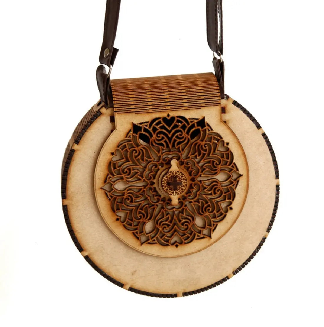 "Exquisite Handcrafted Circular Wooden Handbag with Intricate Floral Design – Perfect Rakhi Festival Gift" Attractive Sister