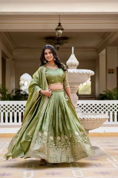 Olive Green Crush Silk Embroidered Lehenga Choli with Dupatta for Wedding Special RE