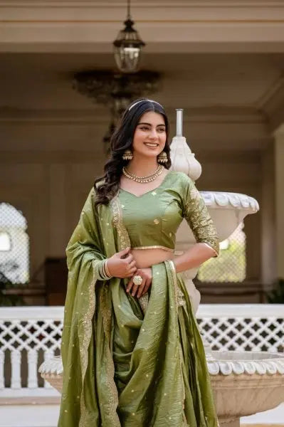 Olive Green Crush Silk Embroidered Lehenga Choli with Dupatta for Wedding Special RE