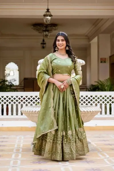 Olive Green Crush Silk Embroidered Lehenga Choli with Dupatta for Wedding Special RE
