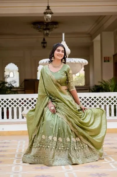 Olive Green Crush Silk Embroidered Lehenga Choli with Dupatta for Wedding Special RE
