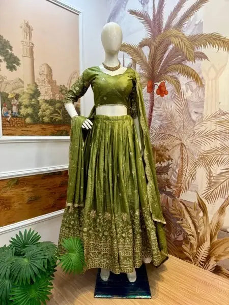 Olive Green Crush Silk Embroidered Lehenga Choli with Dupatta for Wedding Special RE