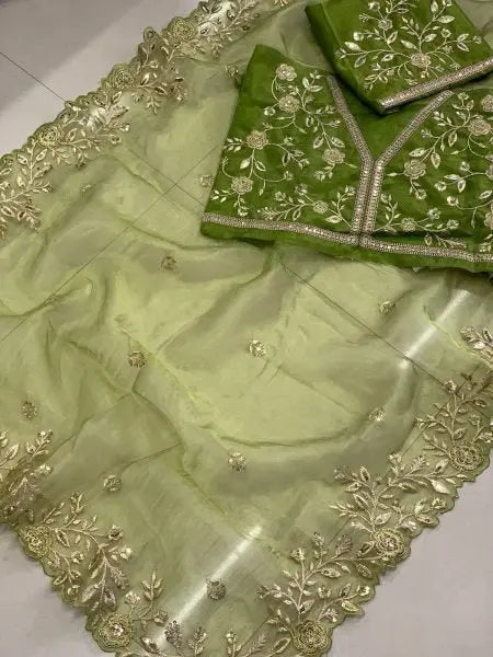 Olive Green Organza Sarees Sequinned Dori Embroidery Party Wedding Wear Wholesale Deals Latest Collection RE