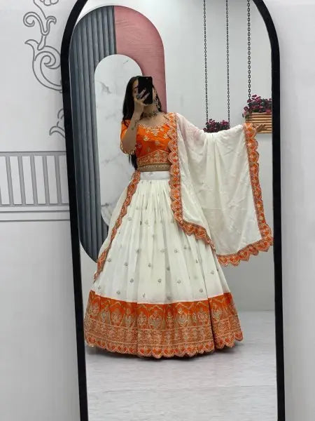 Orange and Off White Chinon Embroidery Lehenga Choli with Dupatta for Wedding Special RE