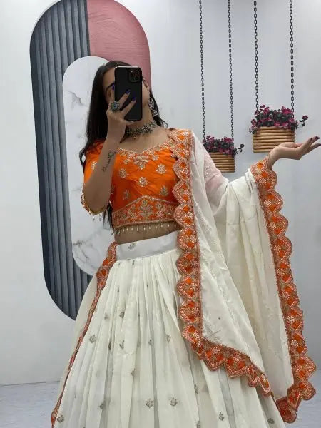 Orange and Off White Chinon Embroidery Lehenga Choli with Dupatta for Wedding Special RE