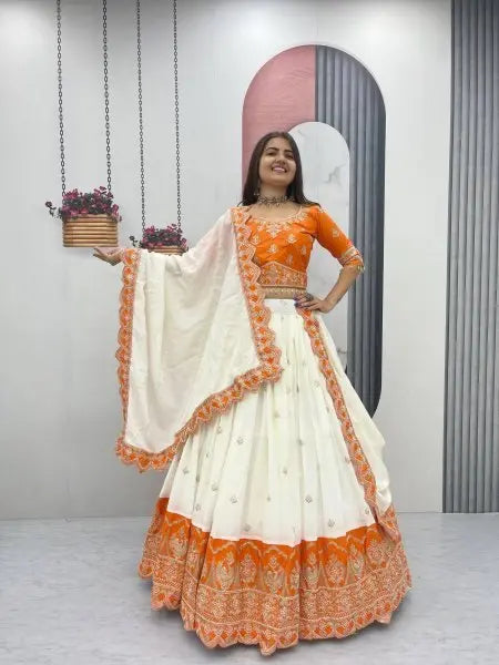 Orange and Off White Chinon Embroidery Lehenga Choli with Dupatta for Wedding Special RE