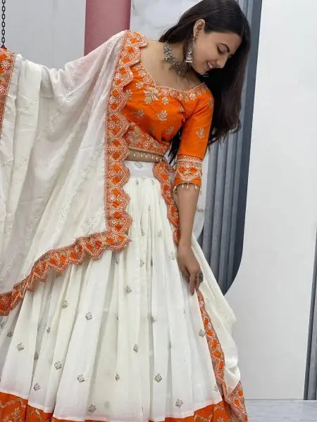 Orange and Off White Chinon Embroidery Lehenga Choli with Dupatta for Wedding Special RE