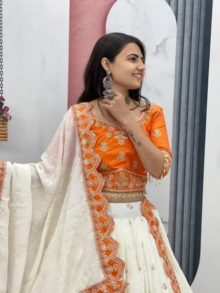 Orange and Off White Chinon Embroidery Lehenga Choli with Dupatta for Wedding Special RE