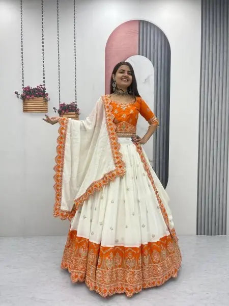 Orange and Off White Chinon Embroidery Lehenga Choli with Dupatta for Wedding Special RE