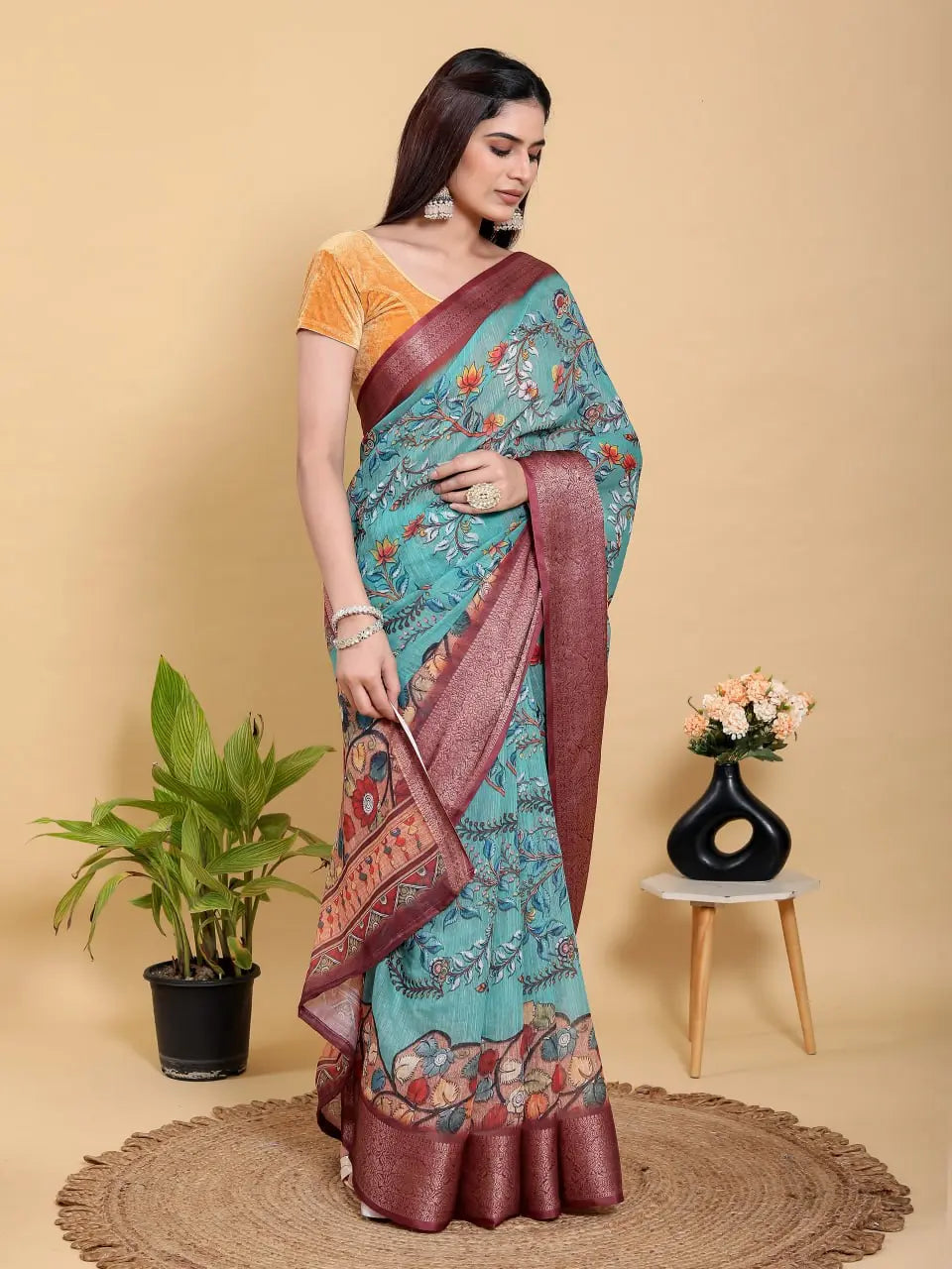 Designer Jacquard Patta Linen Cotton Saree with Floral Digital Print & Zari Border – Festive Ethnic Wear Attractive Sister