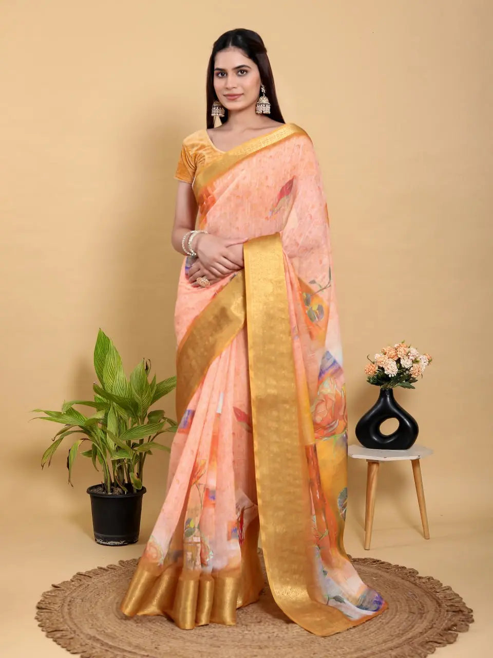 Designer Jacquard Patta Linen Cotton Saree with Floral Digital Print & Zari Border – Festive Ethnic Wear Attractive Sister